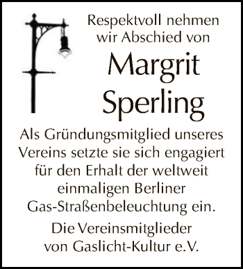 Traueranzeige von Margrit Sperling von Tagesspiegel