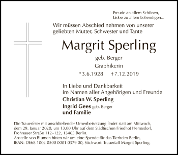 Traueranzeige von Margrit Sperling von Tagesspiegel