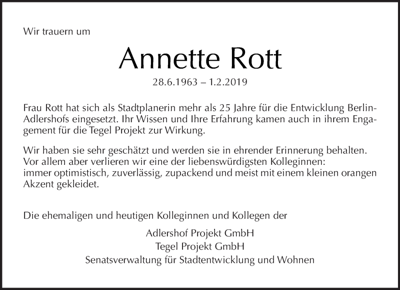  Traueranzeige für Annette Rott vom 08.02.2019 aus Tagesspiegel