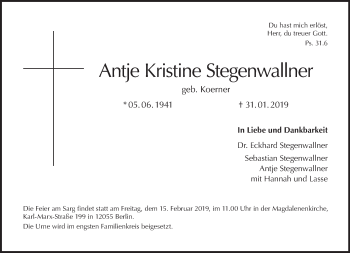 Traueranzeige von Antje Kristine Stegenwallner von Tagesspiegel
