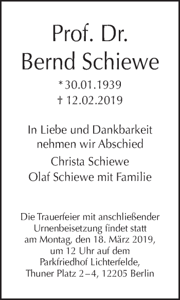 Traueranzeige von Bernd Schiewe von Tagesspiegel