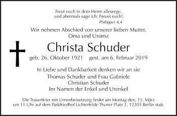 Traueranzeige von Christa Schuder von Tagesspiegel