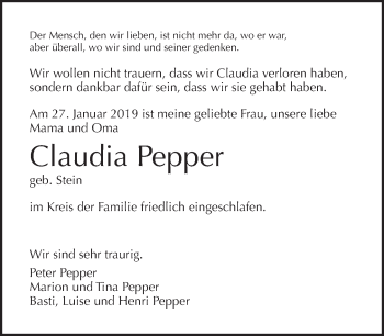 Traueranzeige von Claudia Pepper von Tagesspiegel