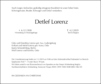 Traueranzeige von Detlef Lorenz von Tagesspiegel