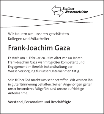 Traueranzeige von Frank-Joachim Gaza von Tagesspiegel