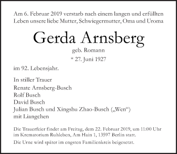 Traueranzeige von Gerda Arnsberg von Tagesspiegel