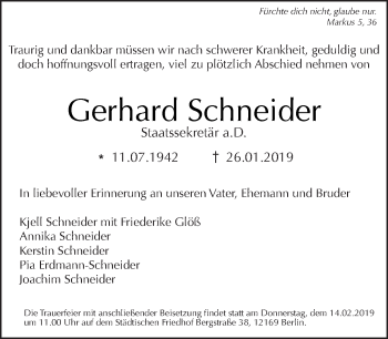 Traueranzeige von Gerhard Schneider von Tagesspiegel