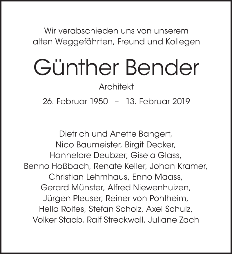  Traueranzeige für Günther Bender vom 24.02.2019 aus Tagesspiegel