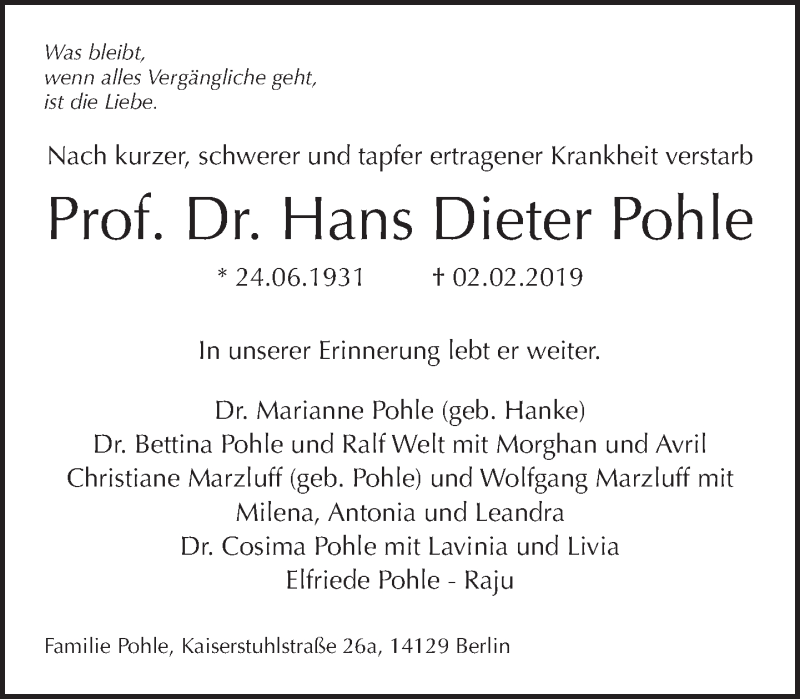  Traueranzeige für Hans Dieter Pohle vom 10.02.2019 aus Tagesspiegel