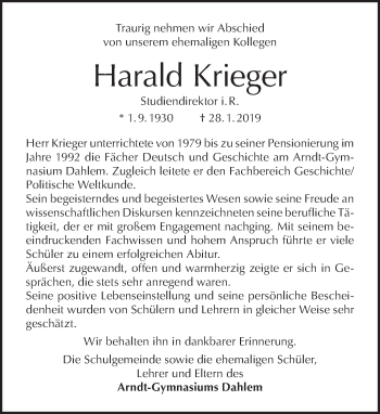 Traueranzeige von Harald Krieger von Tagesspiegel