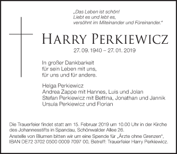 Traueranzeige von Harry Perkiewicz von Tagesspiegel