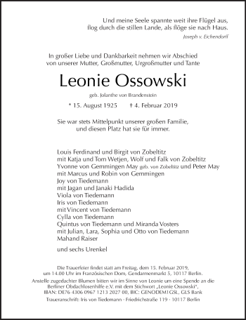Traueranzeige von Leonie Ossowski von Tagesspiegel