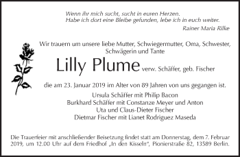 Traueranzeige von Lilly Plume von Tagesspiegel
