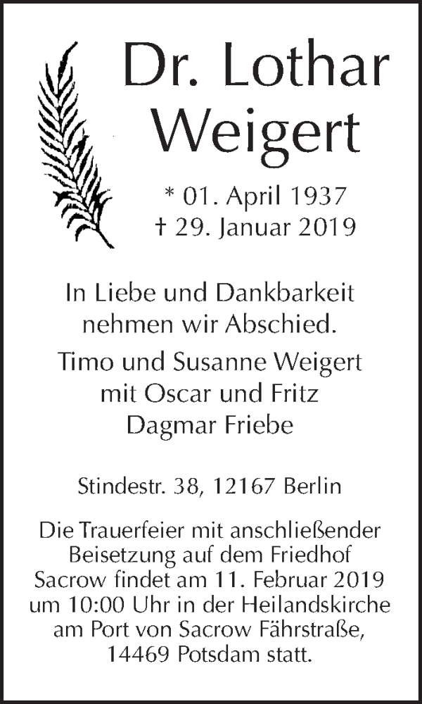  Traueranzeige für Lothar Weigert vom 03.02.2019 aus Tagesspiegel