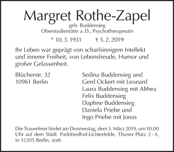 Traueranzeige von Margret Rothe-Zapel von Tagesspiegel