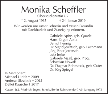 Traueranzeige von Monika Scheffler von Tagesspiegel