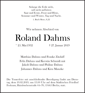 Traueranzeige von Roland Dahms von Tagesspiegel