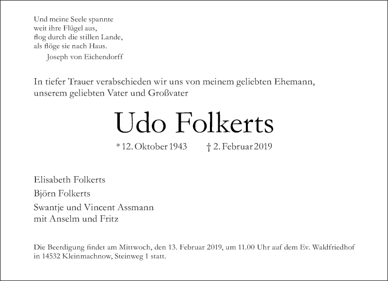  Traueranzeige für Udo Folkerts vom 10.02.2019 aus Tagesspiegel