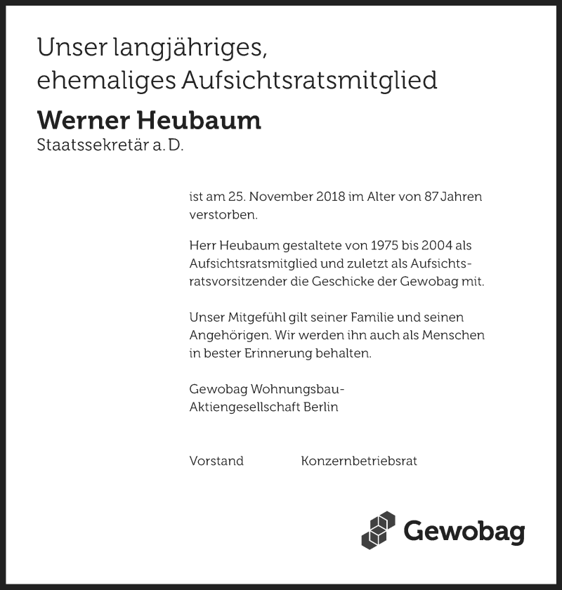  Traueranzeige für Werner Heubaum vom 03.02.2019 aus Tagesspiegel