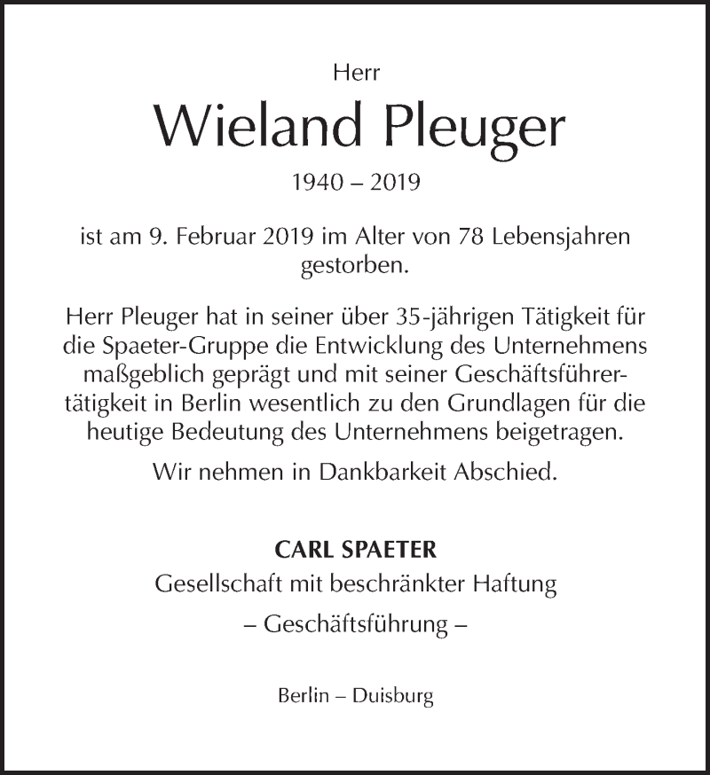  Traueranzeige für Wieland Pleuger vom 24.02.2019 aus Tagesspiegel