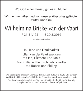 Traueranzeige von Wilhelmina Briske-van der Vaart von Tagesspiegel