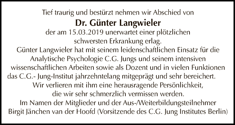  Traueranzeige für Günter Langwieler vom 24.03.2019 aus Tagesspiegel