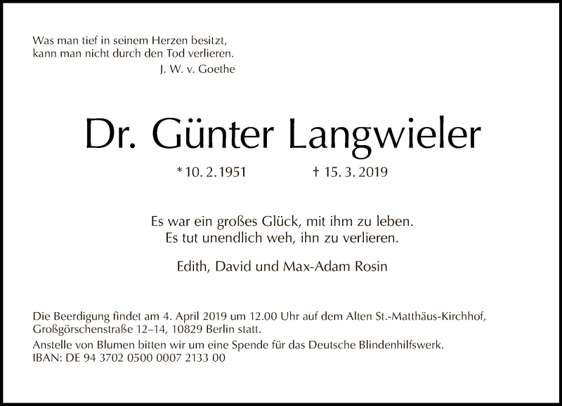  Traueranzeige für Günter Langwieler vom 31.03.2019 aus Tagesspiegel