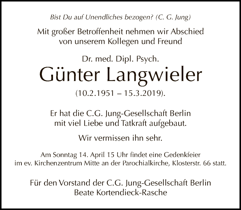  Traueranzeige für Günter Langwieler vom 31.03.2019 aus Tagesspiegel