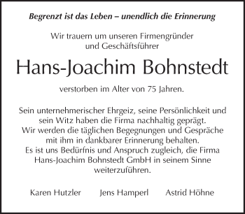 Traueranzeige von Hans-Joachim Bohnstedt von Tagesspiegel