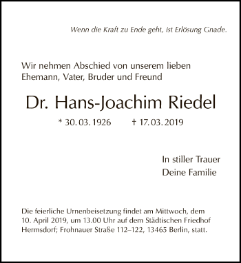 Traueranzeige von Hans-Joachim Riedel von Tagesspiegel
