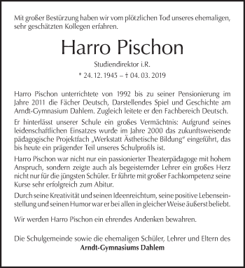 Traueranzeige von Harro Pischon von Tagesspiegel