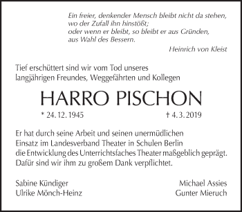 Traueranzeige von Harro Pischon von Tagesspiegel