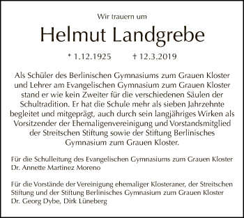 Traueranzeige von Helmut Landgrebe von Tagesspiegel