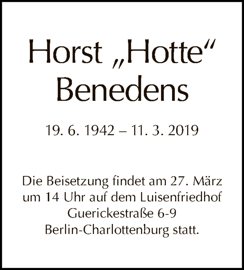  Traueranzeige für Horst Benedens vom 24.03.2019 aus Tagesspiegel