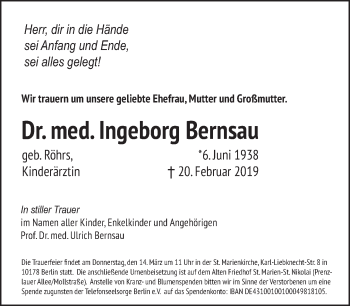 Traueranzeige von Ingeborg Bernsau von Tagesspiegel