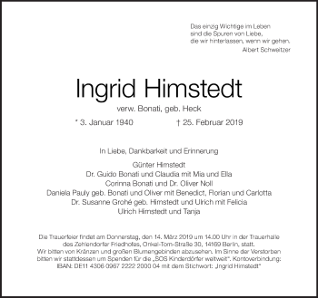 Traueranzeige von Ingrid Himstedt von Tagesspiegel