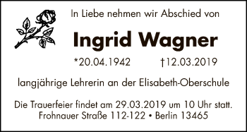 Traueranzeige von Ingrid Wagner von Tagesspiegel