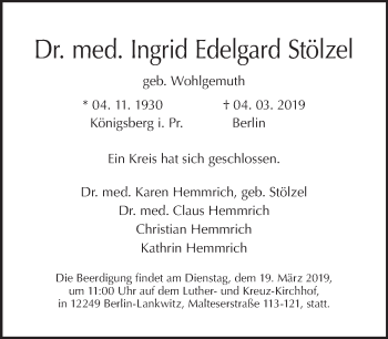 Traueranzeige von Ingrid Edelgard Stölzel von Tagesspiegel