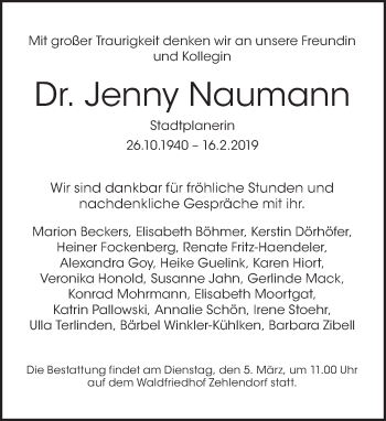 Traueranzeige von Jenny Naumann von Tagesspiegel