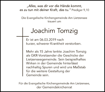 Traueranzeige von Joachim Tomzig von Tagesspiegel