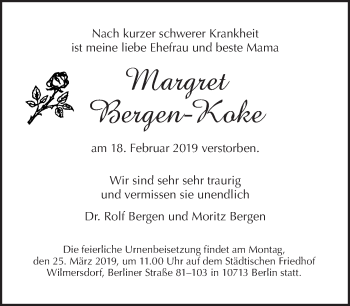 Traueranzeige von Margret Bergen-Koke von Tagesspiegel