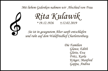 Traueranzeige von Rita Kulawik von Tagesspiegel