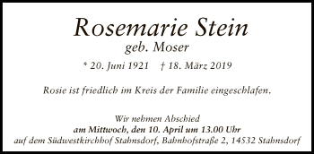 Traueranzeige von Rosemarie Stein von Tagesspiegel