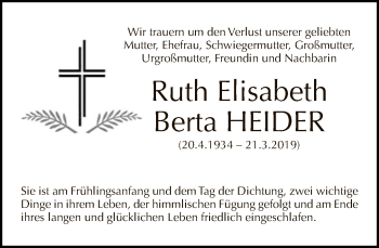 Traueranzeige von Ruth Elisabeth Berta Heider von Tagesspiegel