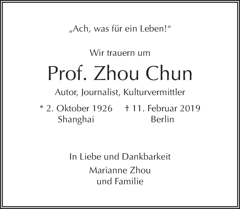  Traueranzeige für Zhou Chun vom 03.03.2019 aus Tagesspiegel