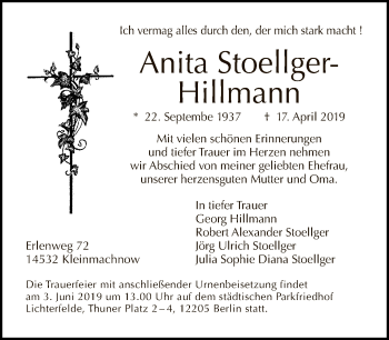 Traueranzeige von Anita Stoellger-Hillmann von Tagesspiegel