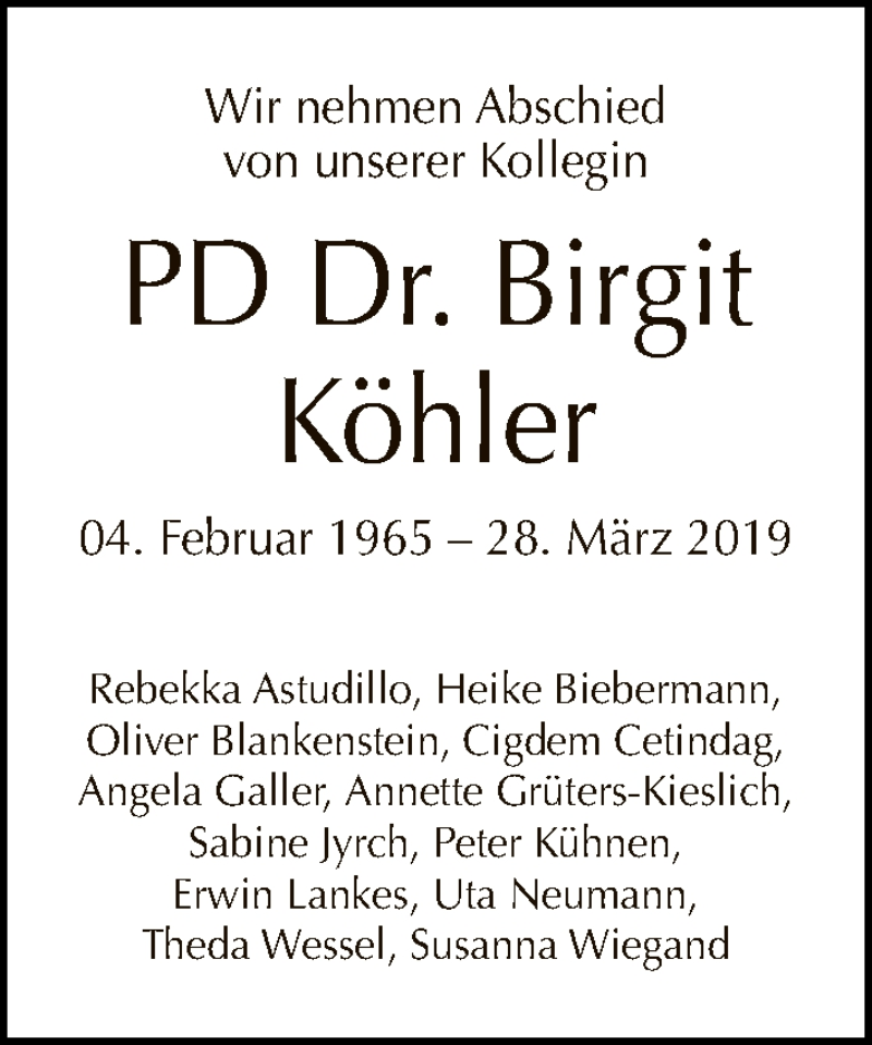  Traueranzeige für Birgit Köhler vom 21.04.2019 aus Tagesspiegel
