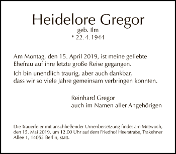 Traueranzeige von Heidelore Gregor von Tagesspiegel