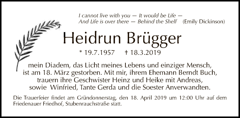  Traueranzeige für Heidrun Brügger vom 07.04.2019 aus Tagesspiegel