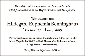 Traueranzeige von Hildegard Euphemia Benninghaus von Tagesspiegel